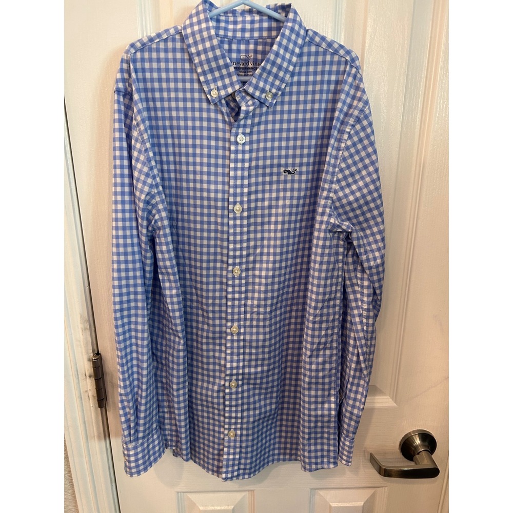Vineyard Vines Button Down Blue Gingham Performance Whale Shirt‎ Kids M 12-14